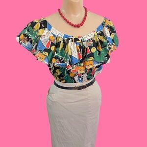 Retro 1950s Rockabilly J. Crew Off-Shoulder Blouse Vacation Novelty Print